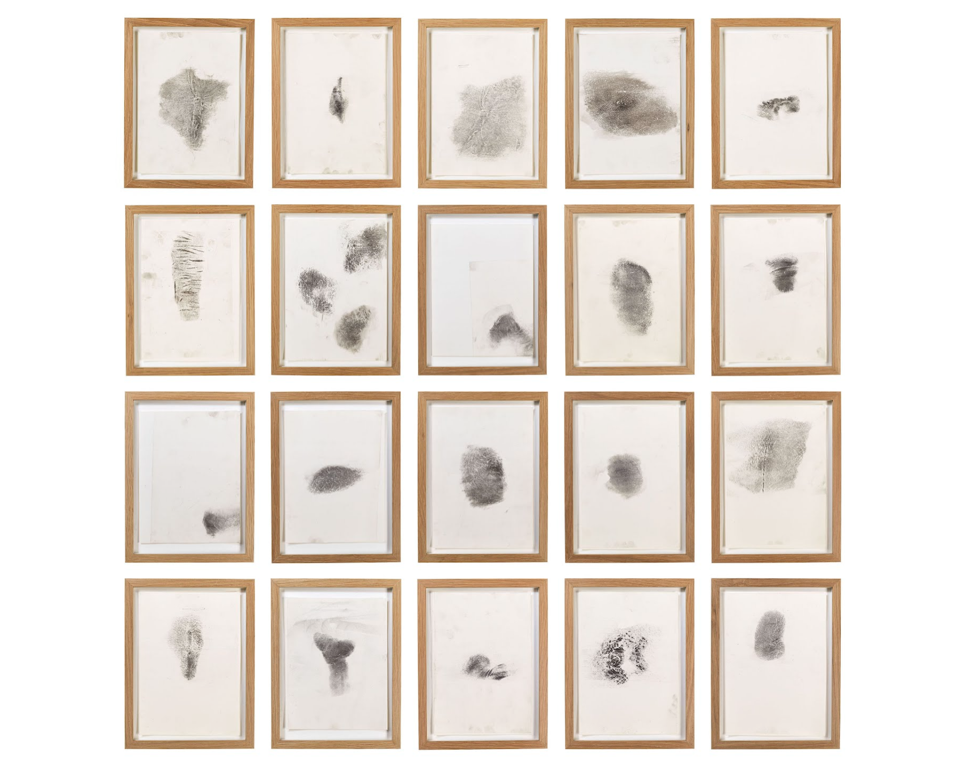 A series with twenty small black velvet powder transfer prints on film and paper with different trace records from wounded body parts.