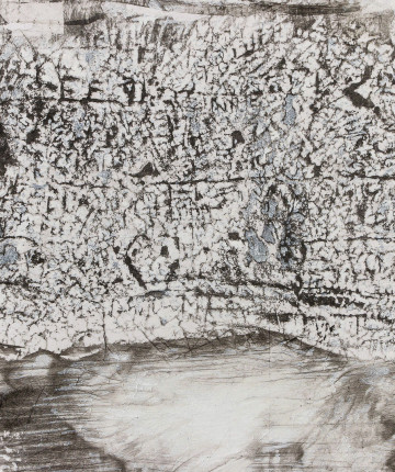 Detail of a canvas surface with a frottage pattern, taken from a wall with cracks and engraved names. Nadia Kaabi-Linke, Rialto.