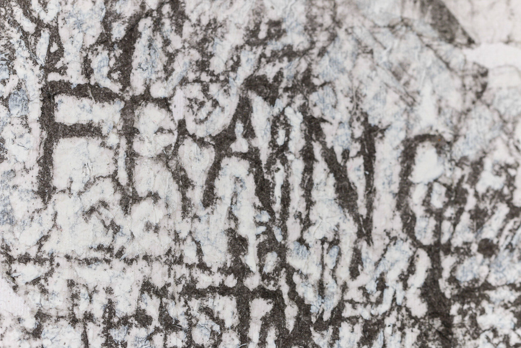 Detail of a canvas surface with a frottage pattern, taken from a wall with cracks and engraved names.