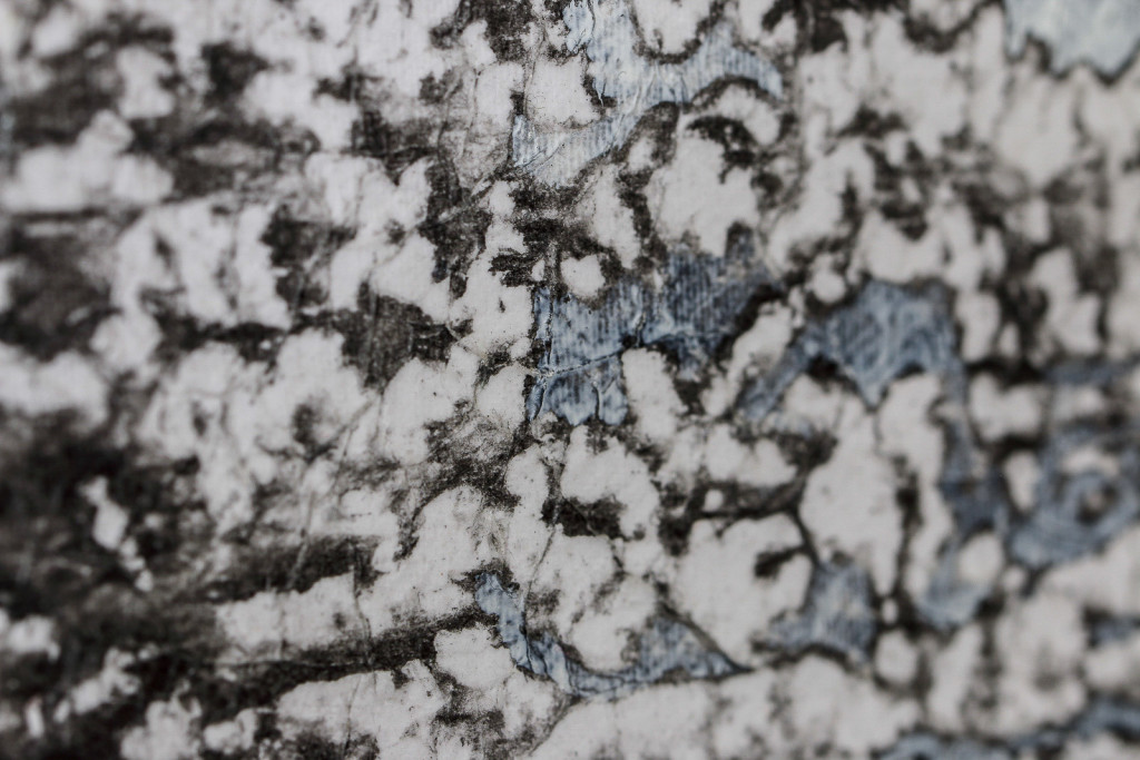 Detail of a canvas surface with a frottage pattern, taken from a wall with cracks and engraved names.