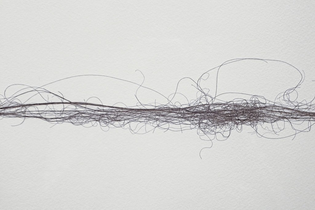 A line of curly hair on soft white paper background, creating an abstract, organic pattern. (Close Up) / Streched Perm, 2014, Nadia Kaabi-Linke, Detail View, Seeing Without Light in Hamburger Bahnhof, Berlin, Germany on August 27, 2023