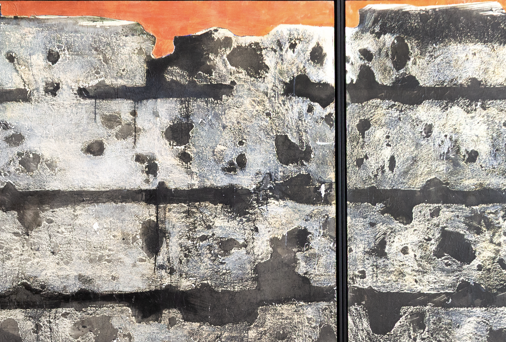 Detail of an oil painting with heavy damages from armor