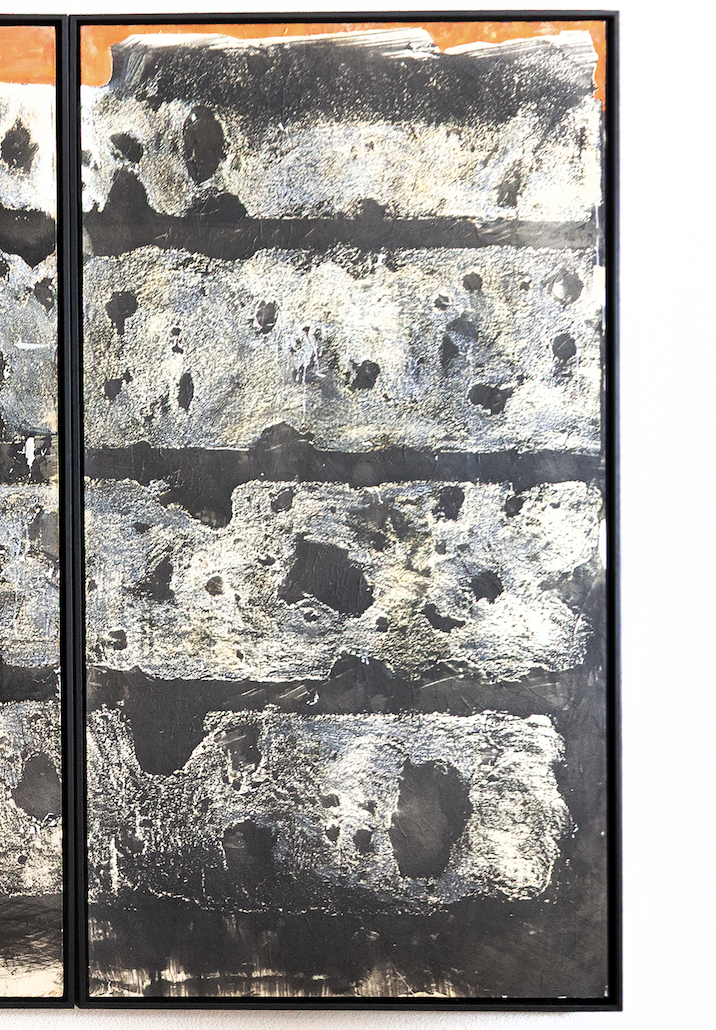 Detail of an oil painting with heavy damages from armor