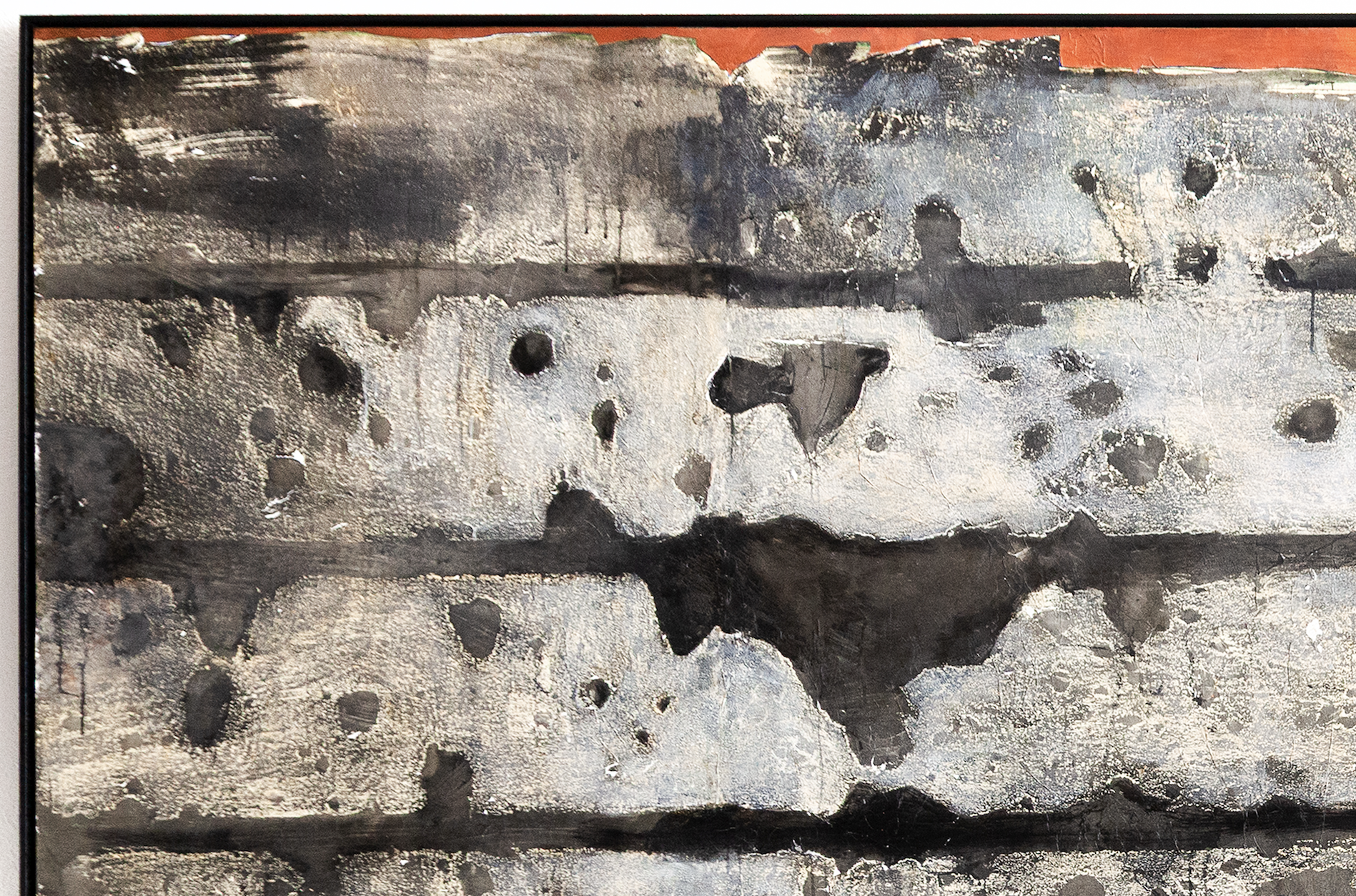 Detail of an oil painting with heavy damages from armor
