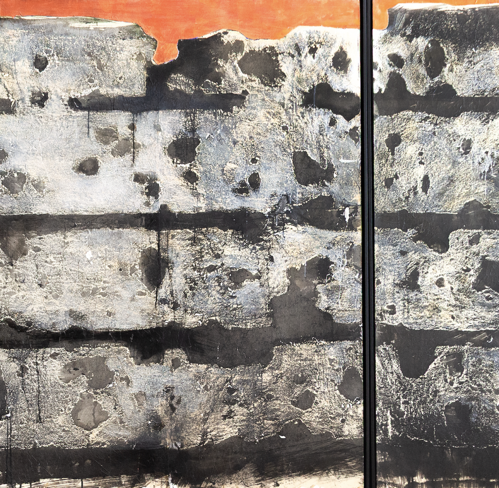 Detail of an oil painting with heavy damages from armor