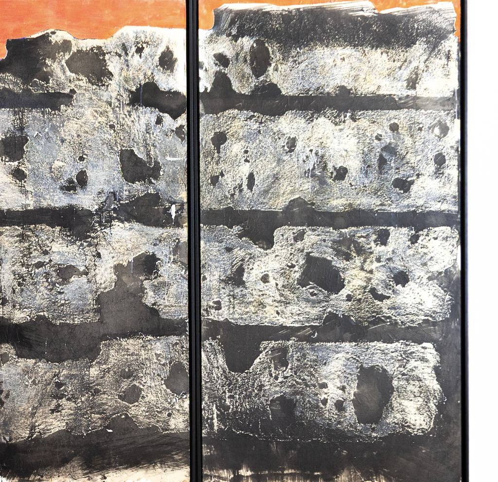 Detail of an oil painting with heavy damages from armor