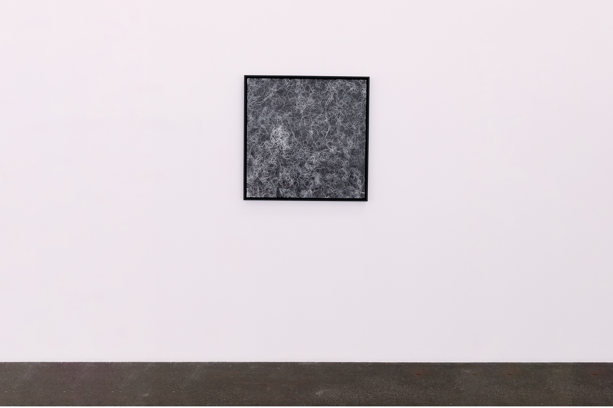 Canvas with titanium white curves on a black ground and with black frames hanging on the wall.
