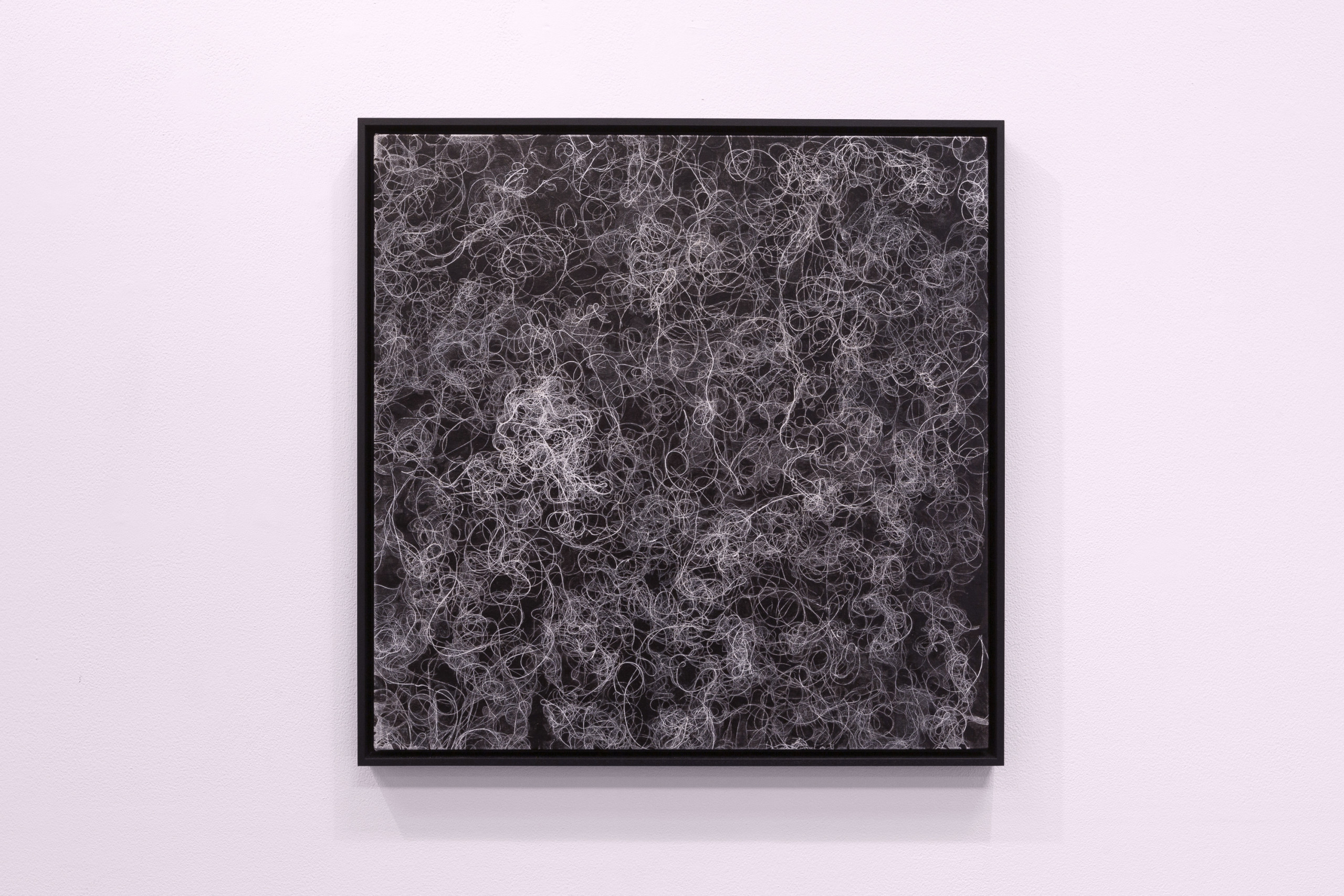 Canvas with titanium white curves on a black ground and with black frames hanging on the wall.