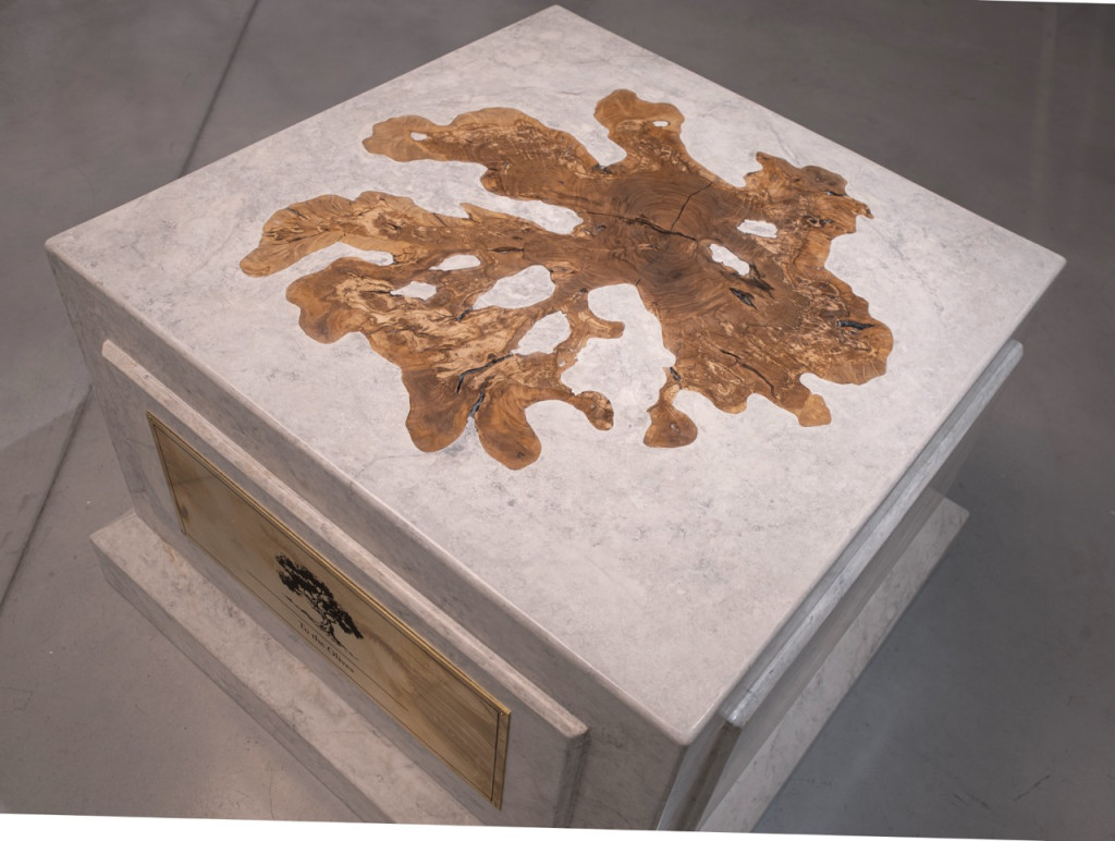 Nadia Kaabi-Linke, To the Olives, 2026. Elevated view of the marble plinth sculpture with the inlaid olive wood cross-section and brass label.