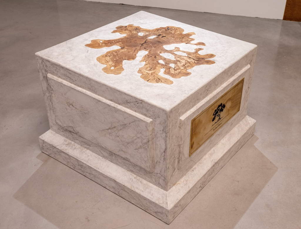 Nadia Kaabi-Linke, To the Olives, 2026, three-quarter view of the plinth, with the olive cross-section in the top and the brass label on the side